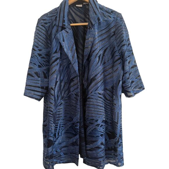 CHICO'S TRAVELERS Blue Whimsy Mesh Stripe Embroidered 3/4 Sleeve Jacket 4  26/28 - Picture 1 of 7